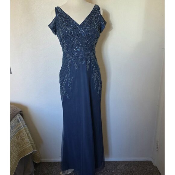 Adrianna Papell Navy Beaded Cold Shoulder Gown V-Neck Formal Evening Dress 12P - Picture 8 of 15
